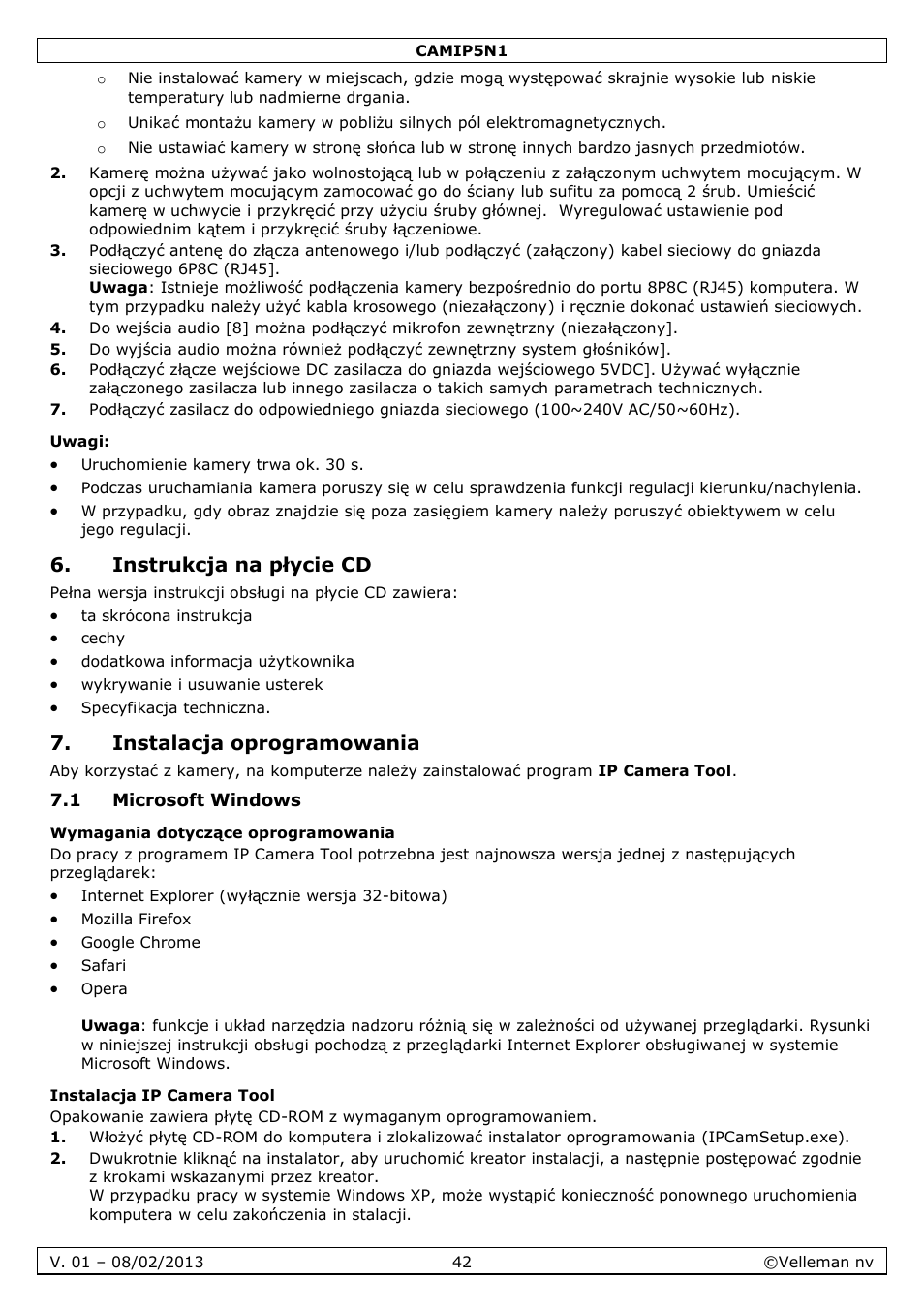 Uwagi, Instrukcja na płycie cd, Instalacja oprogramowania | 1 microsoft windows, Wymagania dotyczące oprogramowania, Instalacja ip camera tool | Velleman CAMIP5N1 Quick Installation Guide User Manual | Page 42 / 50