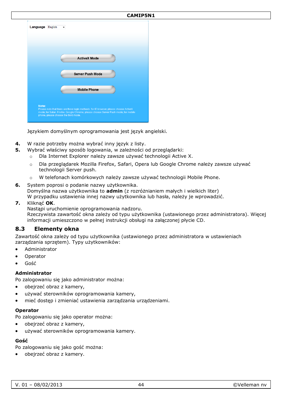 3 elementy okna, Administrator, Operator | Gość | Velleman CAMIP5N1 Quick Installation Guide User Manual | Page 44 / 50