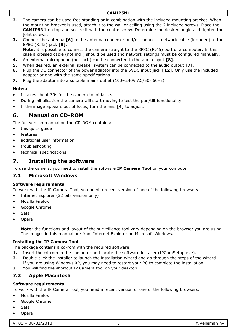 Notes, Manual on cd-rom, Installing the software | 1 microsoft windows, Software requirements, Installing the ip camera tool, 2 apple macintosh | Velleman CAMIP5N1 Quick Installation Guide User Manual | Page 5 / 50