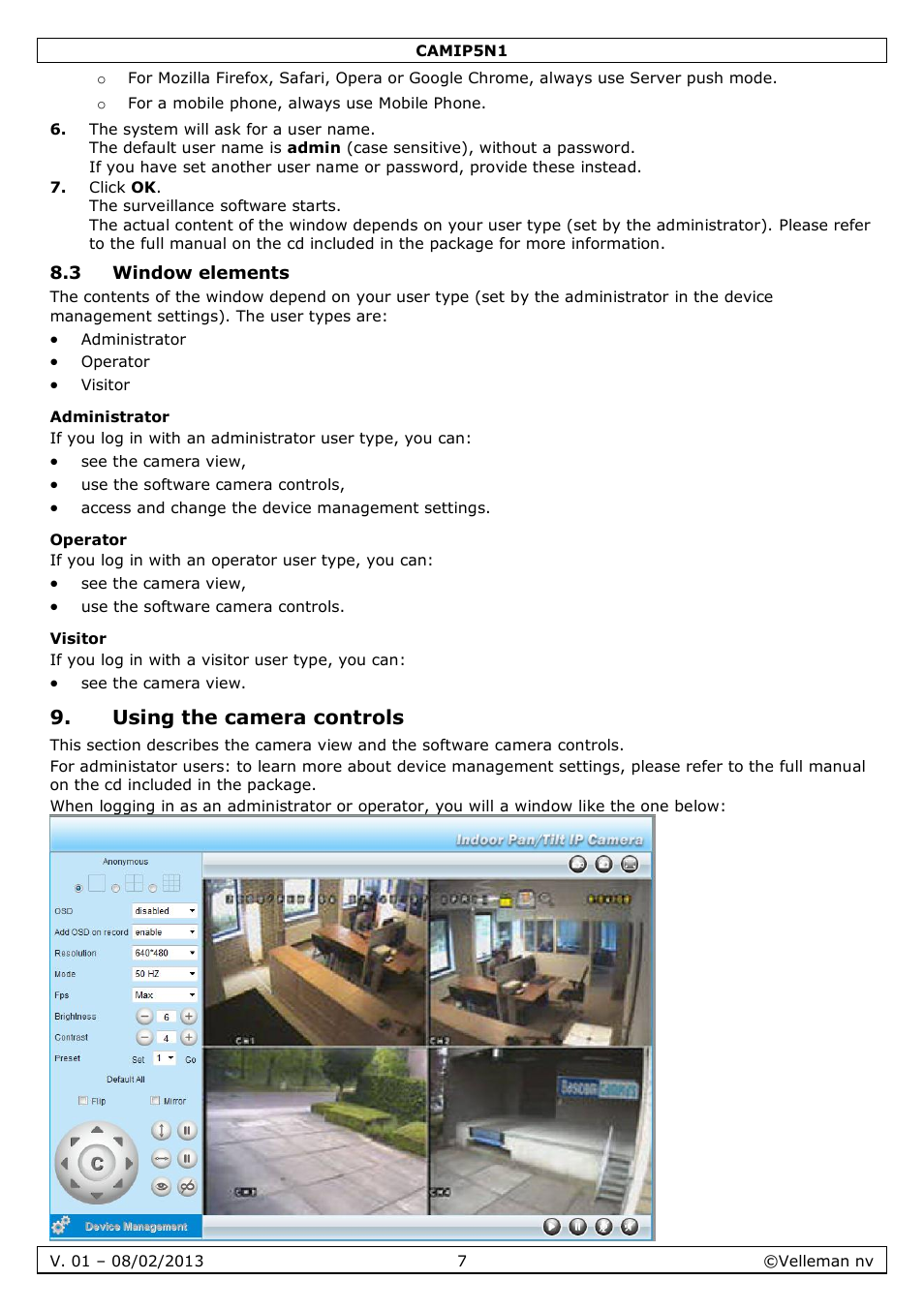 3 window elements, Administrator, Operator | Visitor, Using the camera controls | Velleman CAMIP5N1 Quick Installation Guide User Manual | Page 7 / 50