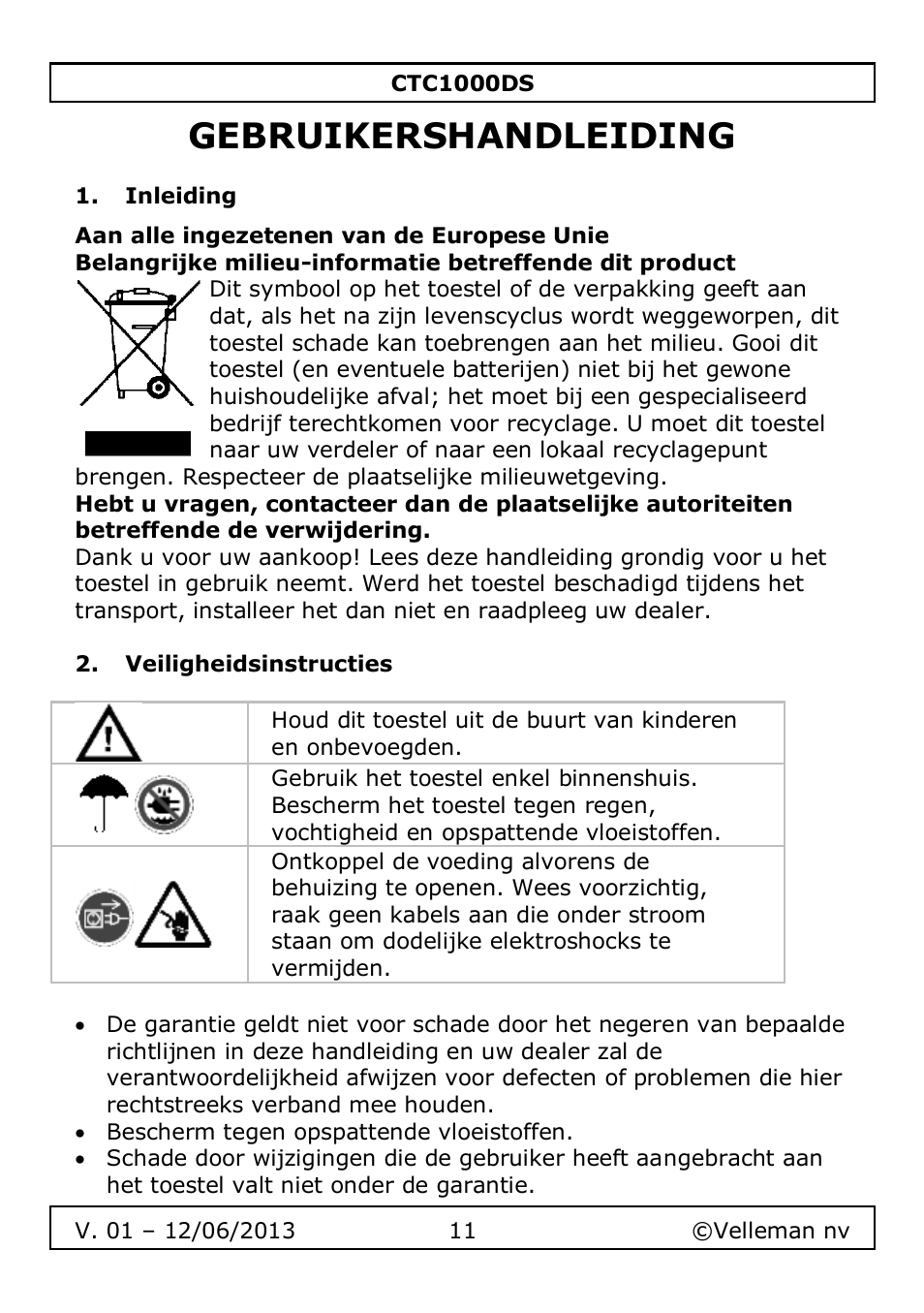 Gebruikershandleiding, Inleiding, Veiligheidsinstructies | Velleman CTC1000DS User Manual | Page 11 / 61