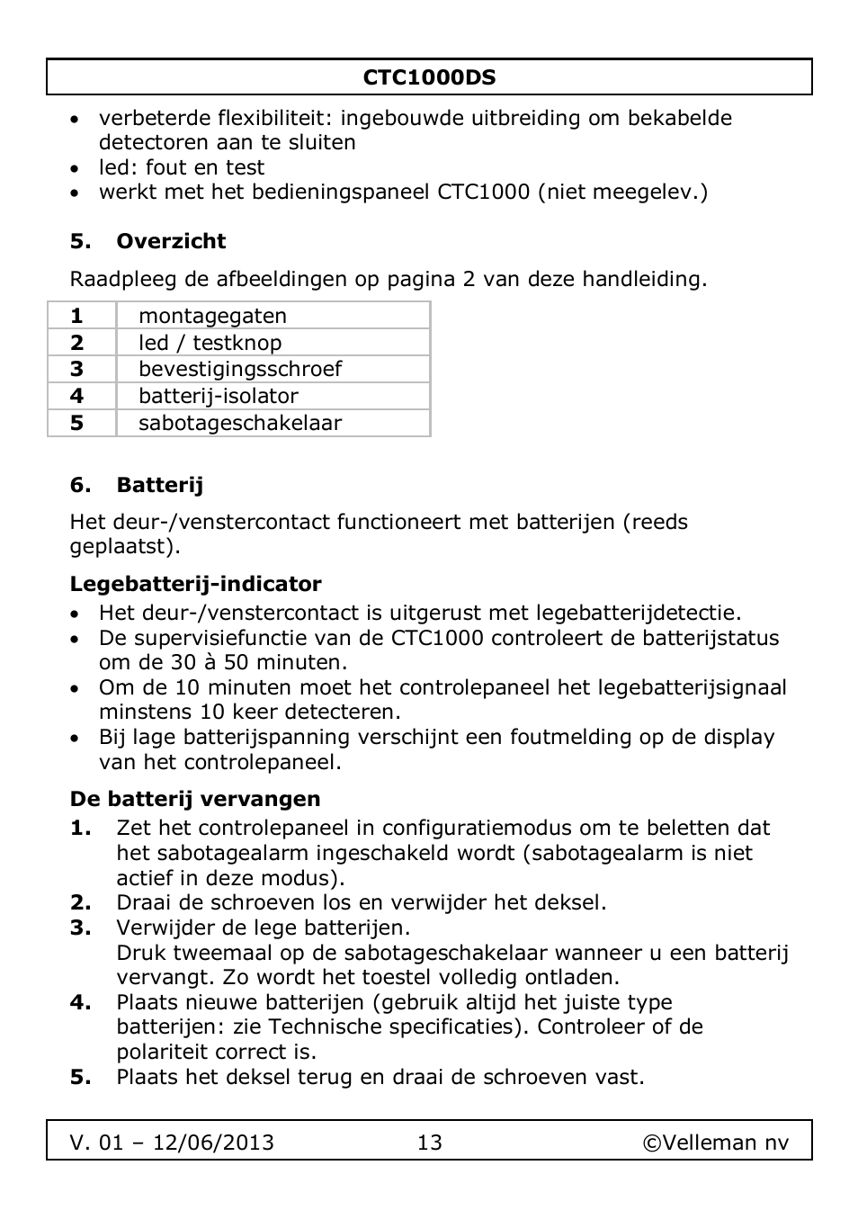 Overzicht, Batterij, Legebatterij-indicator | De batterij vervangen | Velleman CTC1000DS User Manual | Page 13 / 61
