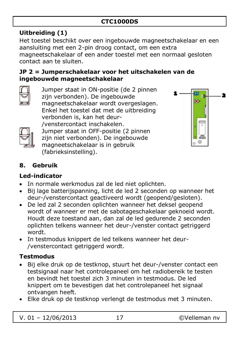 Uitbreiding (1), Gebruik, Led-indicator | Testmodus | Velleman CTC1000DS User Manual | Page 17 / 61