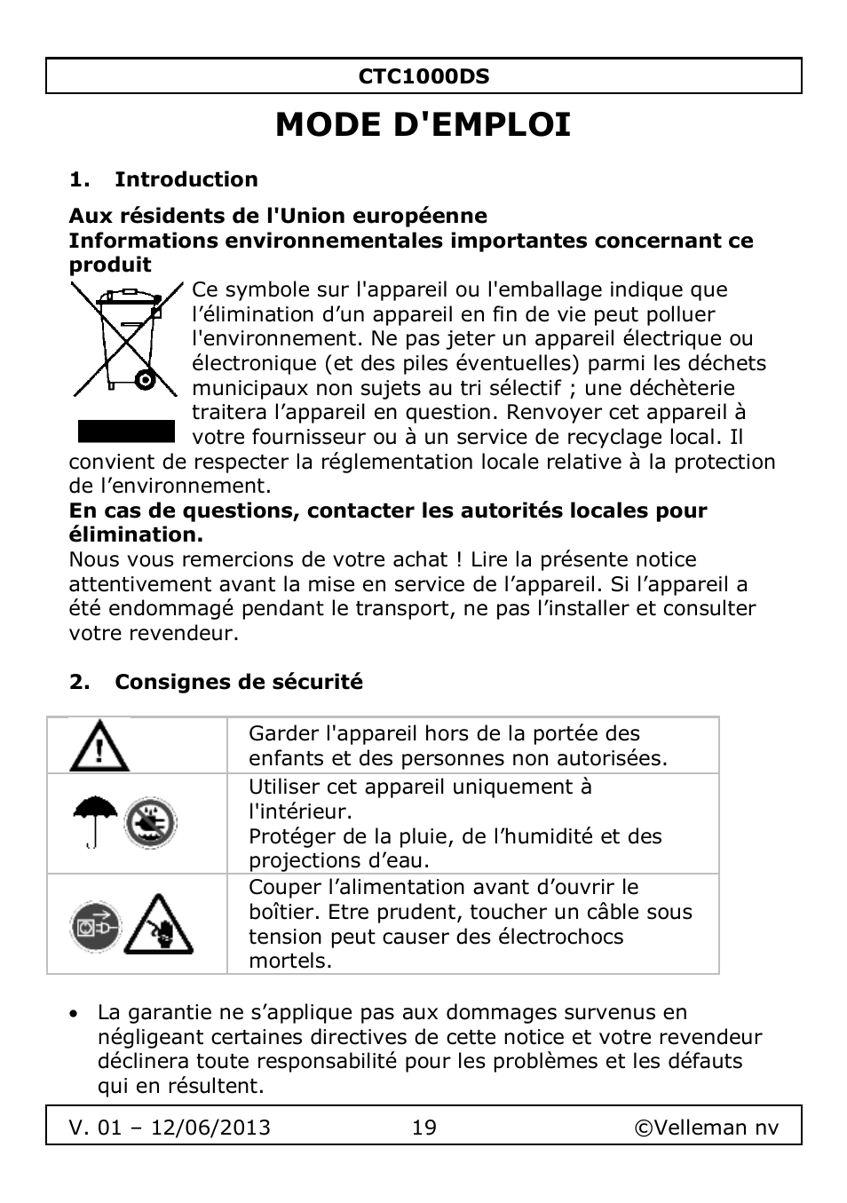 Mode d'emploi, Introduction, Consignes de sécurité | Velleman CTC1000DS User Manual | Page 19 / 61