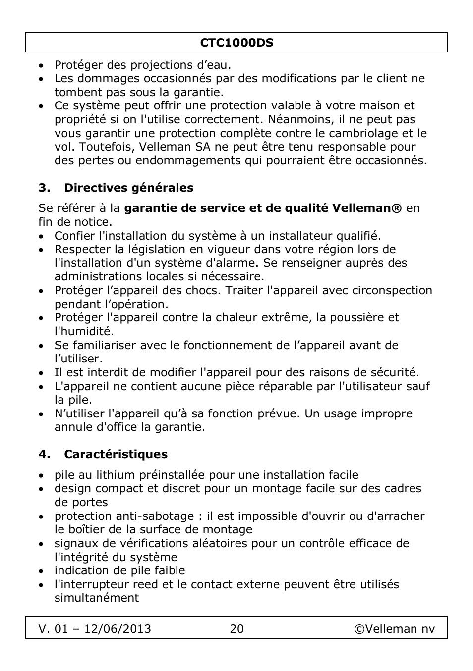 Directives générales, Caractéristiques | Velleman CTC1000DS User Manual | Page 20 / 61
