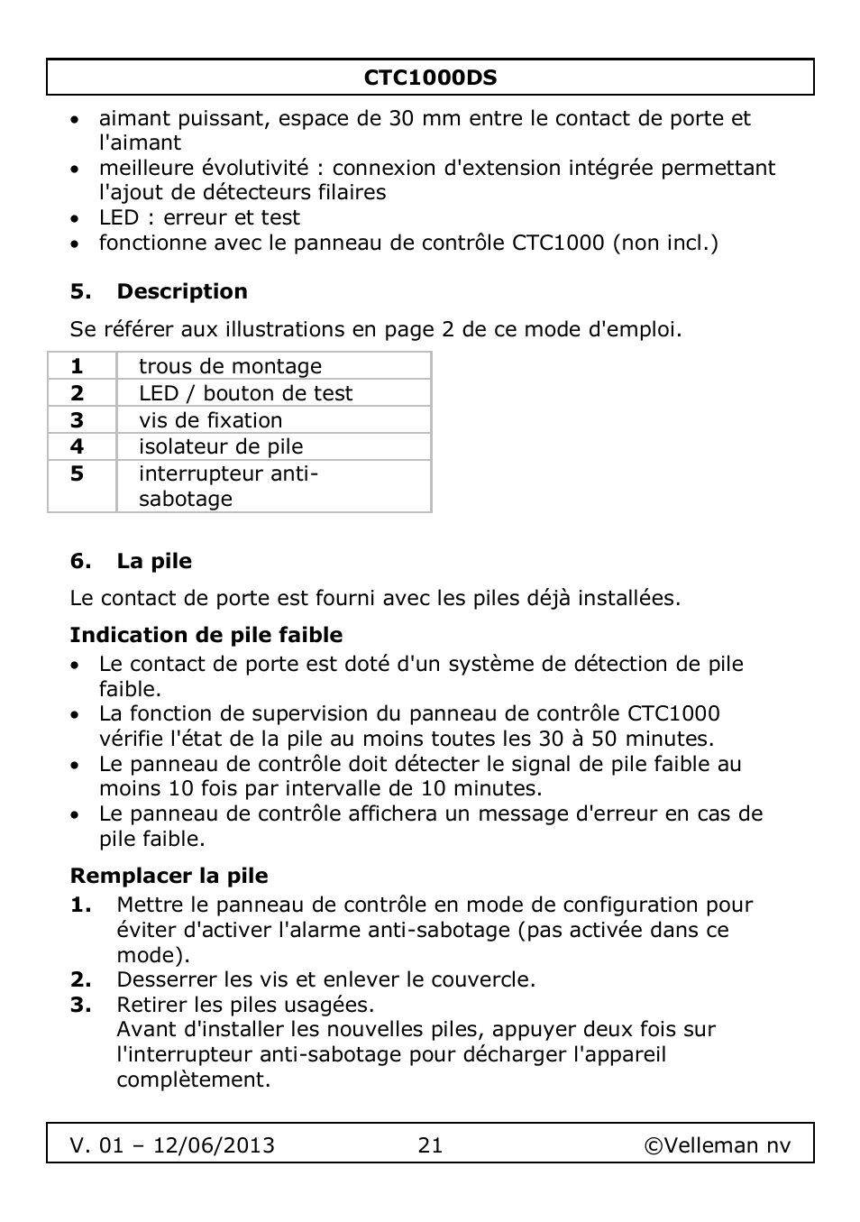 Description, La pile, Indication de pile faible | Remplacer la pile | Velleman CTC1000DS User Manual | Page 21 / 61