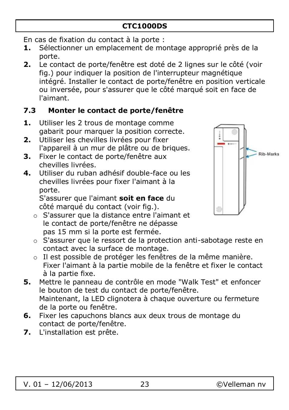 3 monter le contact de porte/fenêtre | Velleman CTC1000DS User Manual | Page 23 / 61