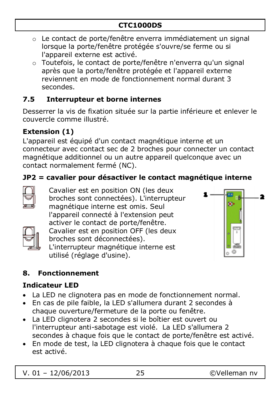 5 interrupteur et borne internes, Extension (1), Fonctionnement | Indicateur led | Velleman CTC1000DS User Manual | Page 25 / 61