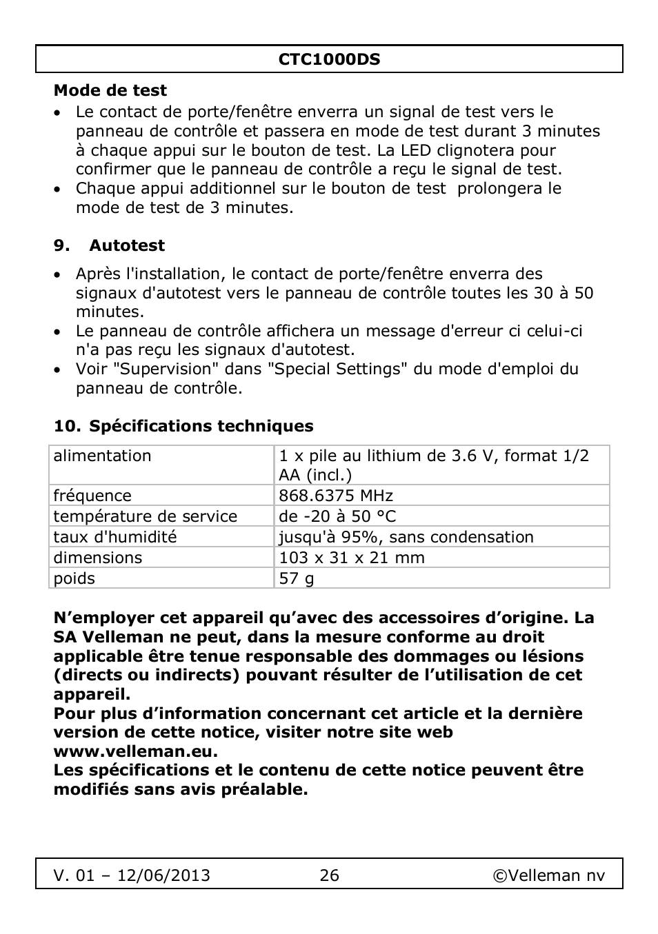 Mode de test, Autotest, Spécifications techniques | Velleman CTC1000DS User Manual | Page 26 / 61