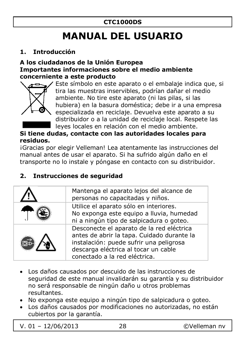 Manual del usuario, Introducción, Instrucciones de seguridad | Velleman CTC1000DS User Manual | Page 28 / 61