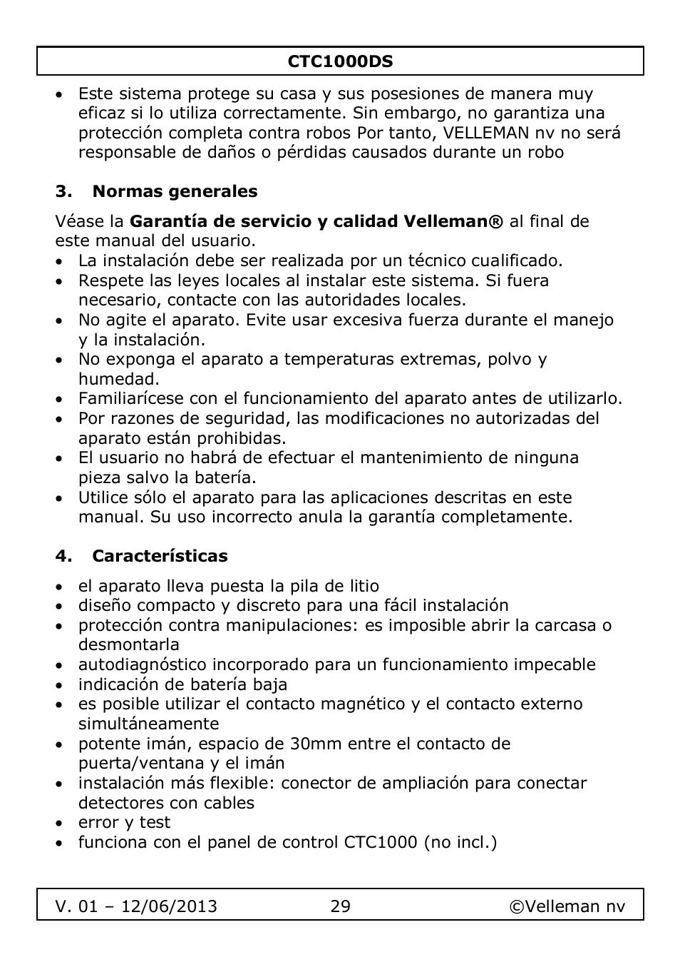 Normas generales, Características | Velleman CTC1000DS User Manual | Page 29 / 61