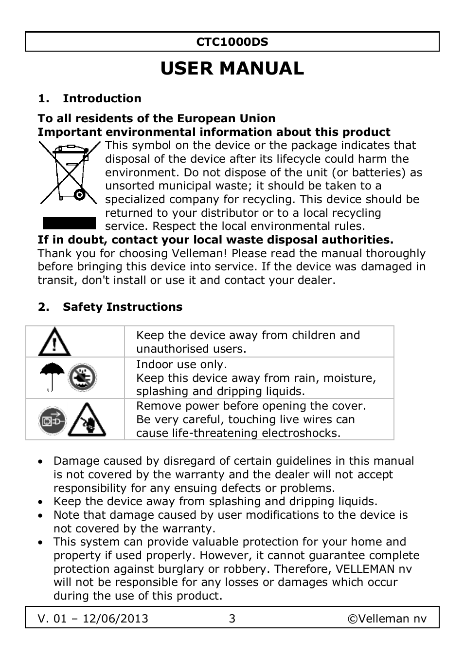 User manual, Introduction, Safety instructions | Velleman CTC1000DS User Manual | Page 3 / 61