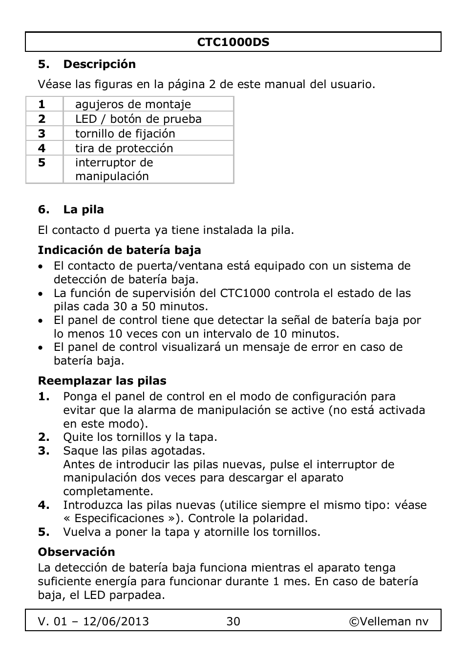 Descripción, La pila, Indicación de batería baja | Reemplazar las pilas, Observación | Velleman CTC1000DS User Manual | Page 30 / 61