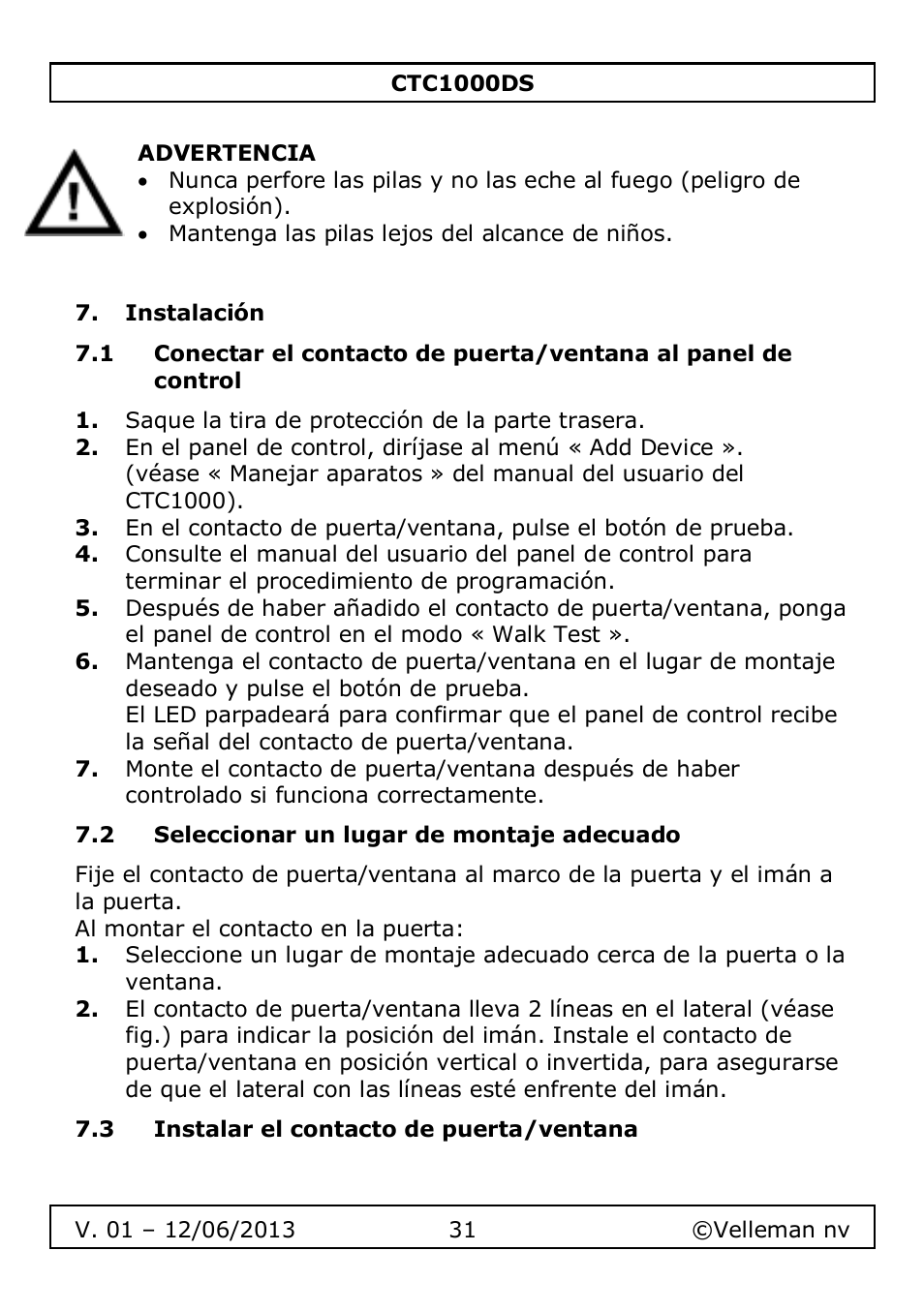Instalación, 2 seleccionar un lugar de montaje adecuado, 3 instalar el contacto de puerta/ventana | Velleman CTC1000DS User Manual | Page 31 / 61