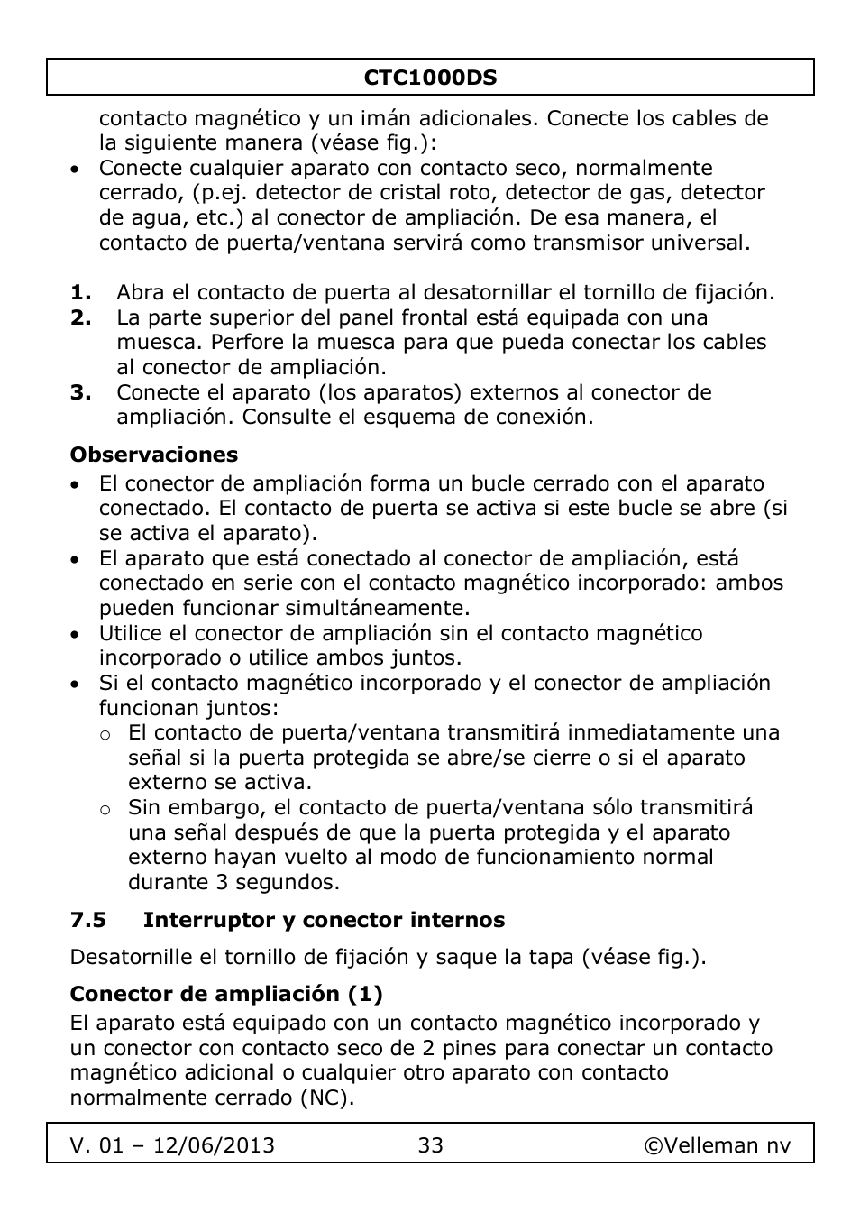 Observaciones, 5 interruptor y conector internos, Conector de ampliación (1) | Velleman CTC1000DS User Manual | Page 33 / 61