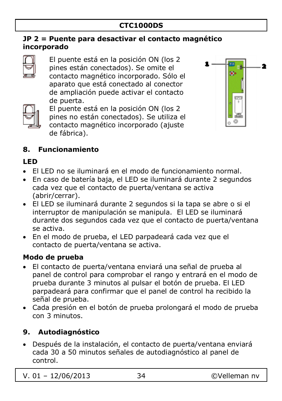 Funcionamiento, Modo de prueba, Autodiagnóstico | Velleman CTC1000DS User Manual | Page 34 / 61