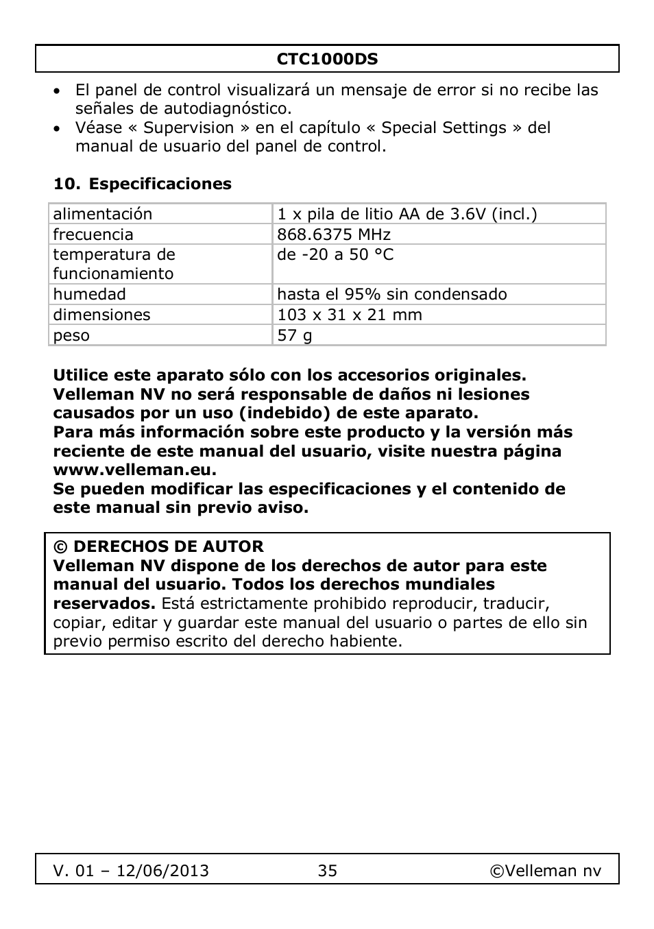 Especificaciones | Velleman CTC1000DS User Manual | Page 35 / 61