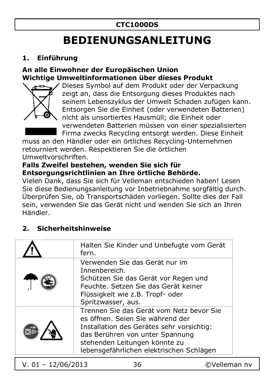 Bedienungsanleitung, Einführung, Sicherheitshinweise | Velleman CTC1000DS User Manual | Page 36 / 61