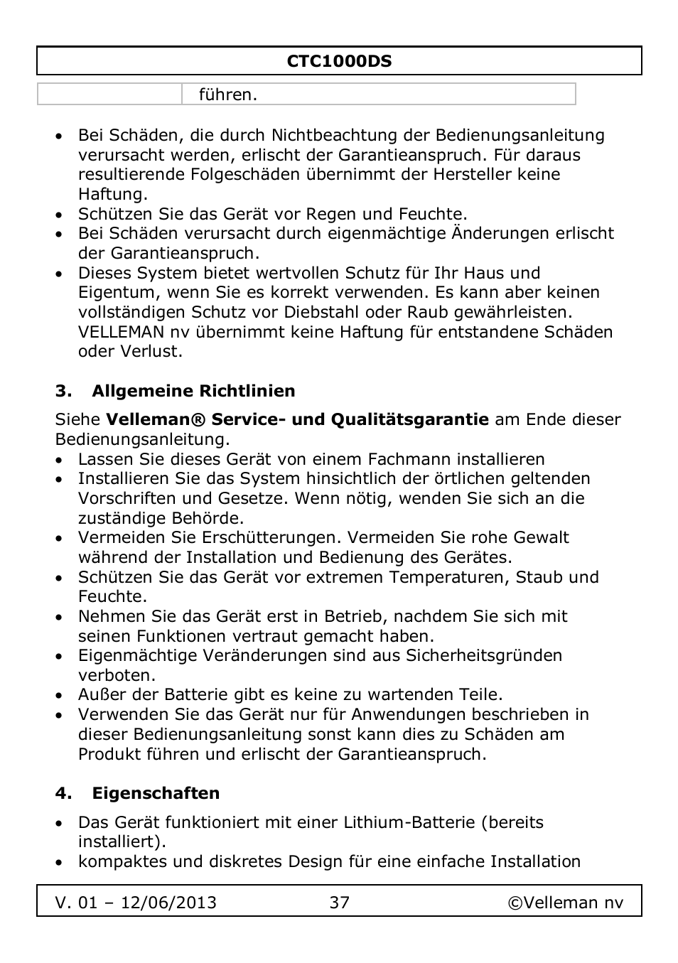 Allgemeine richtlinien, Eigenschaften | Velleman CTC1000DS User Manual | Page 37 / 61