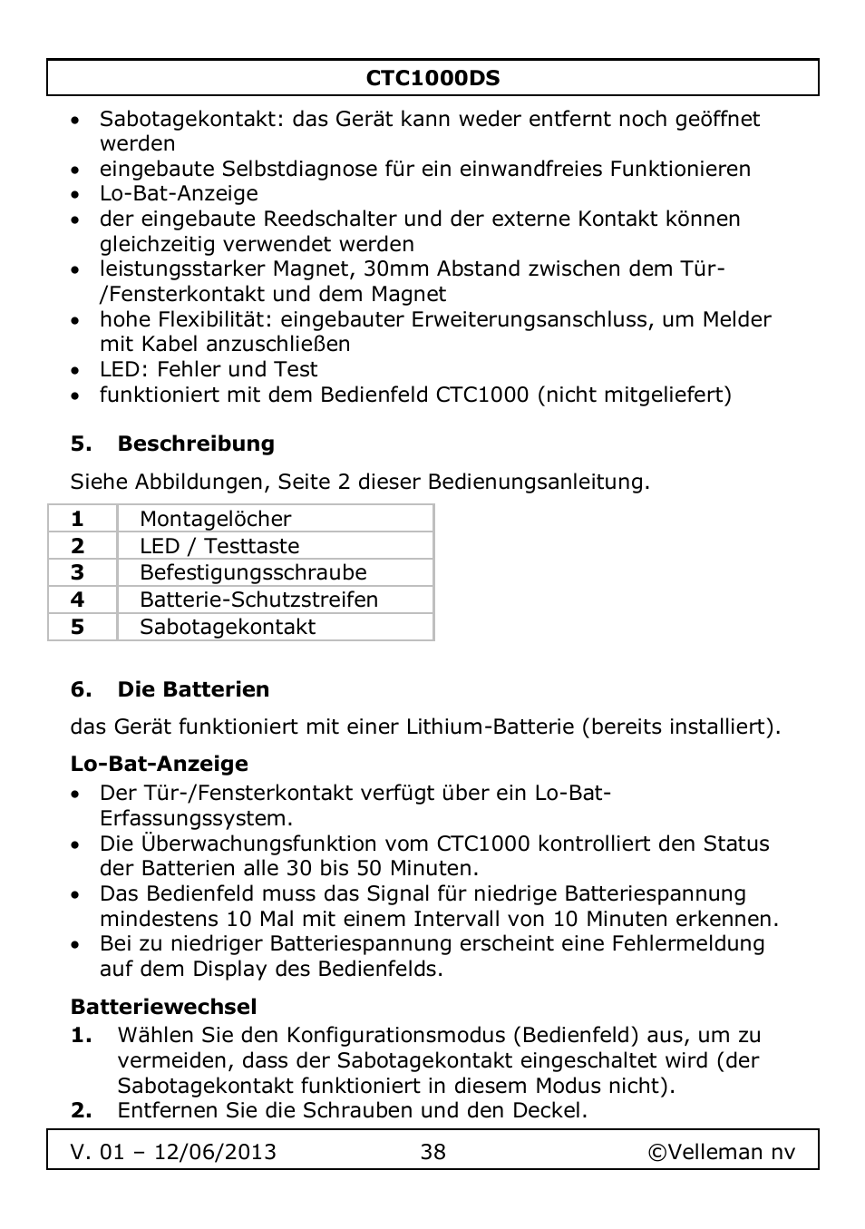 Beschreibung, Die batterien, Lo-bat-anzeige | Batteriewechsel | Velleman CTC1000DS User Manual | Page 38 / 61