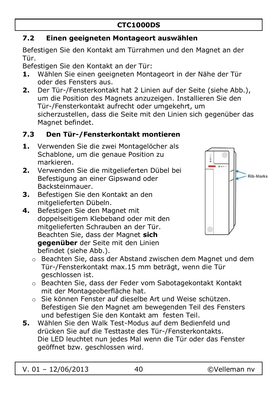 2 einen geeigneten montageort auswählen, 3 den tür-/fensterkontakt montieren | Velleman CTC1000DS User Manual | Page 40 / 61