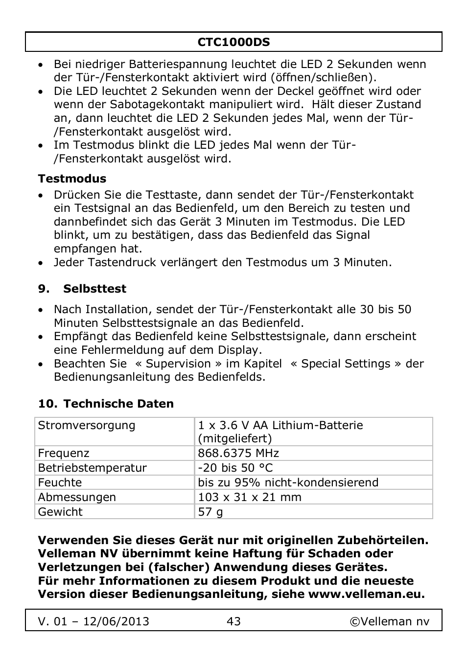 Testmodus, Selbsttest, Technische daten | Velleman CTC1000DS User Manual | Page 43 / 61