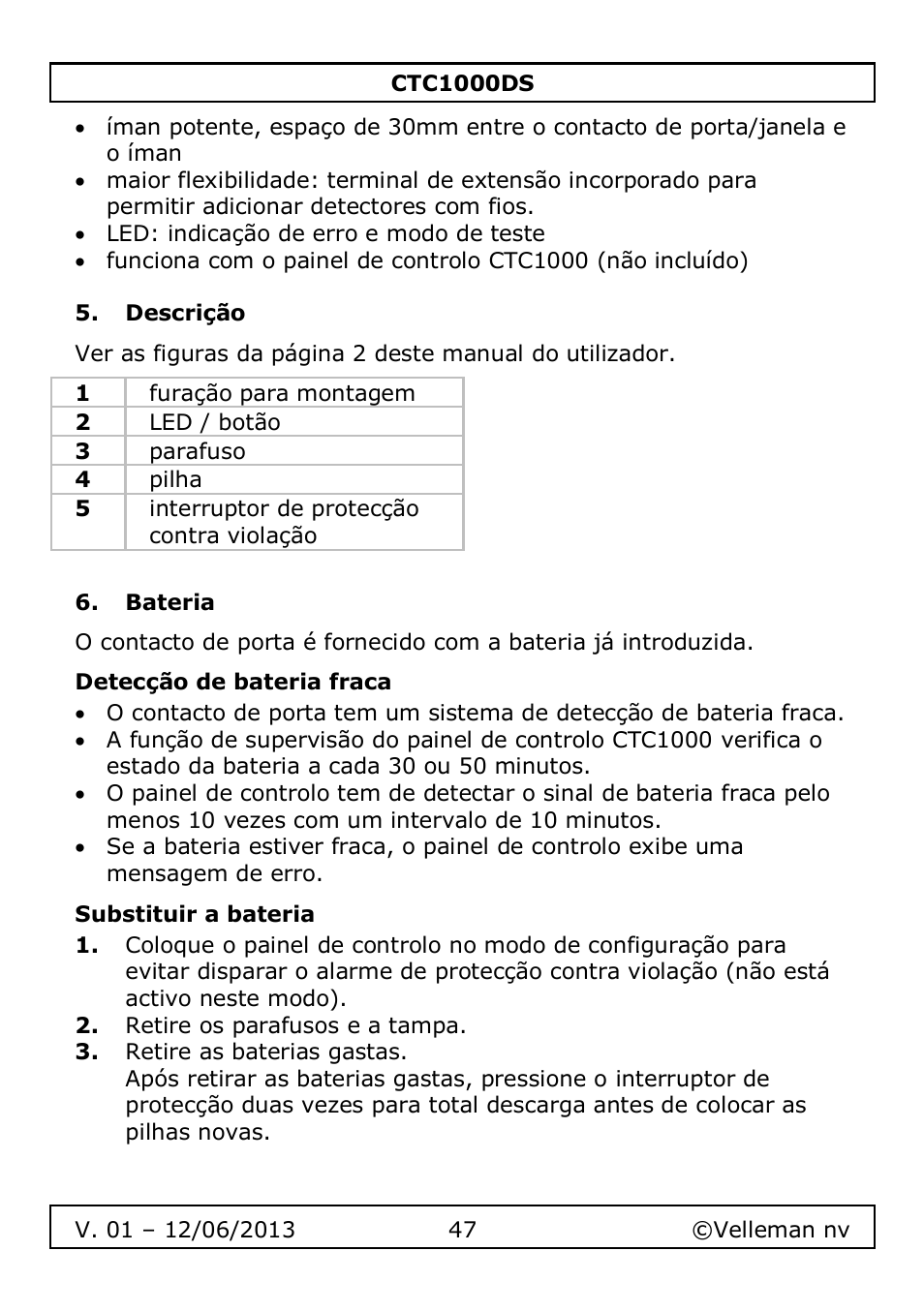 Descrição, Bateria, Detecção de bateria fraca | Substituir a bateria | Velleman CTC1000DS User Manual | Page 47 / 61