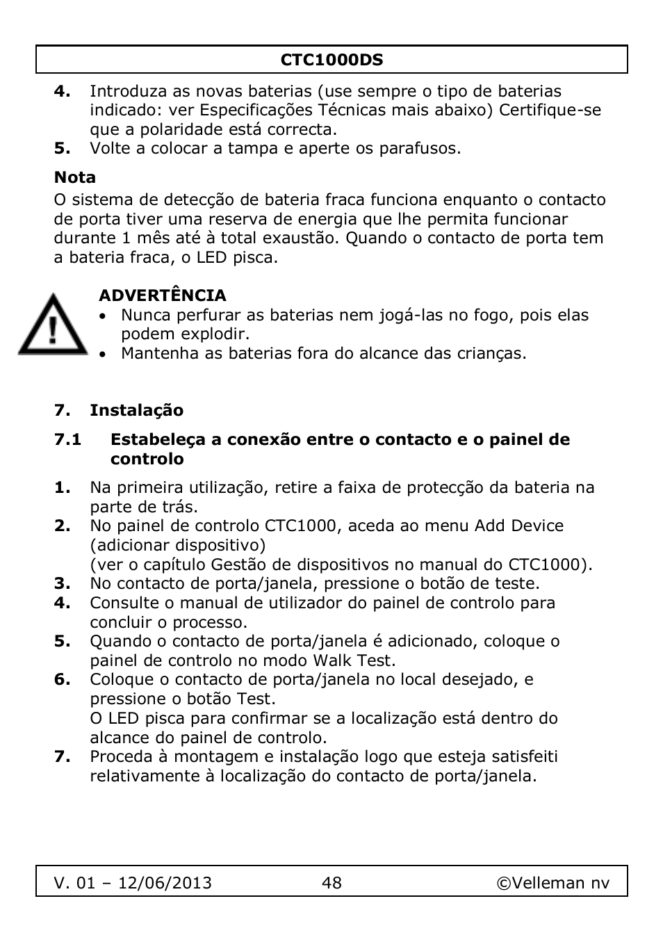 Nota, Instalação | Velleman CTC1000DS User Manual | Page 48 / 61
