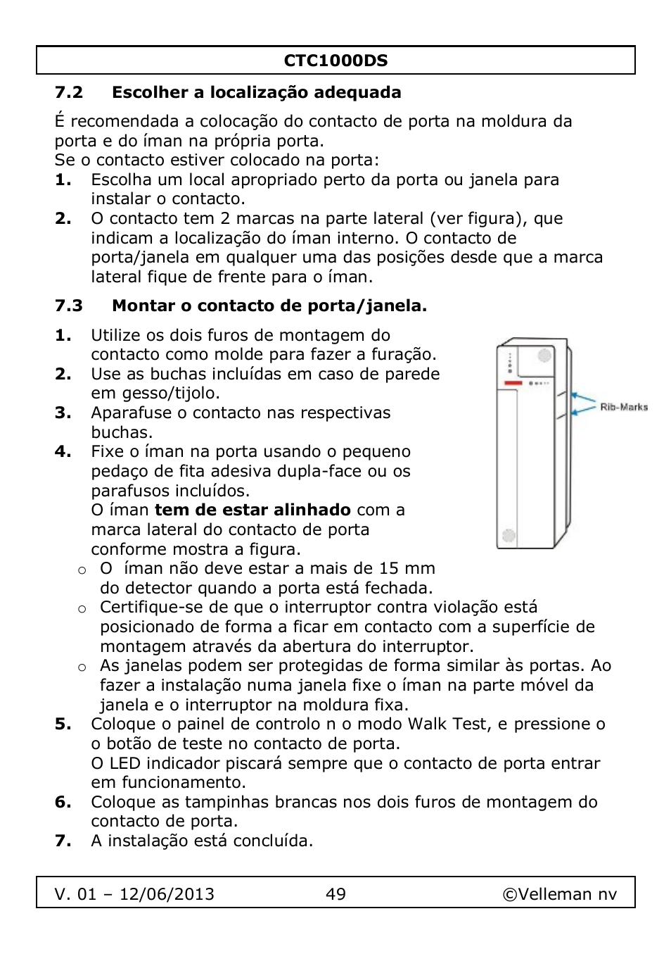 2 escolher a localização adequada, 3 montar o contacto de porta/janela | Velleman CTC1000DS User Manual | Page 49 / 61