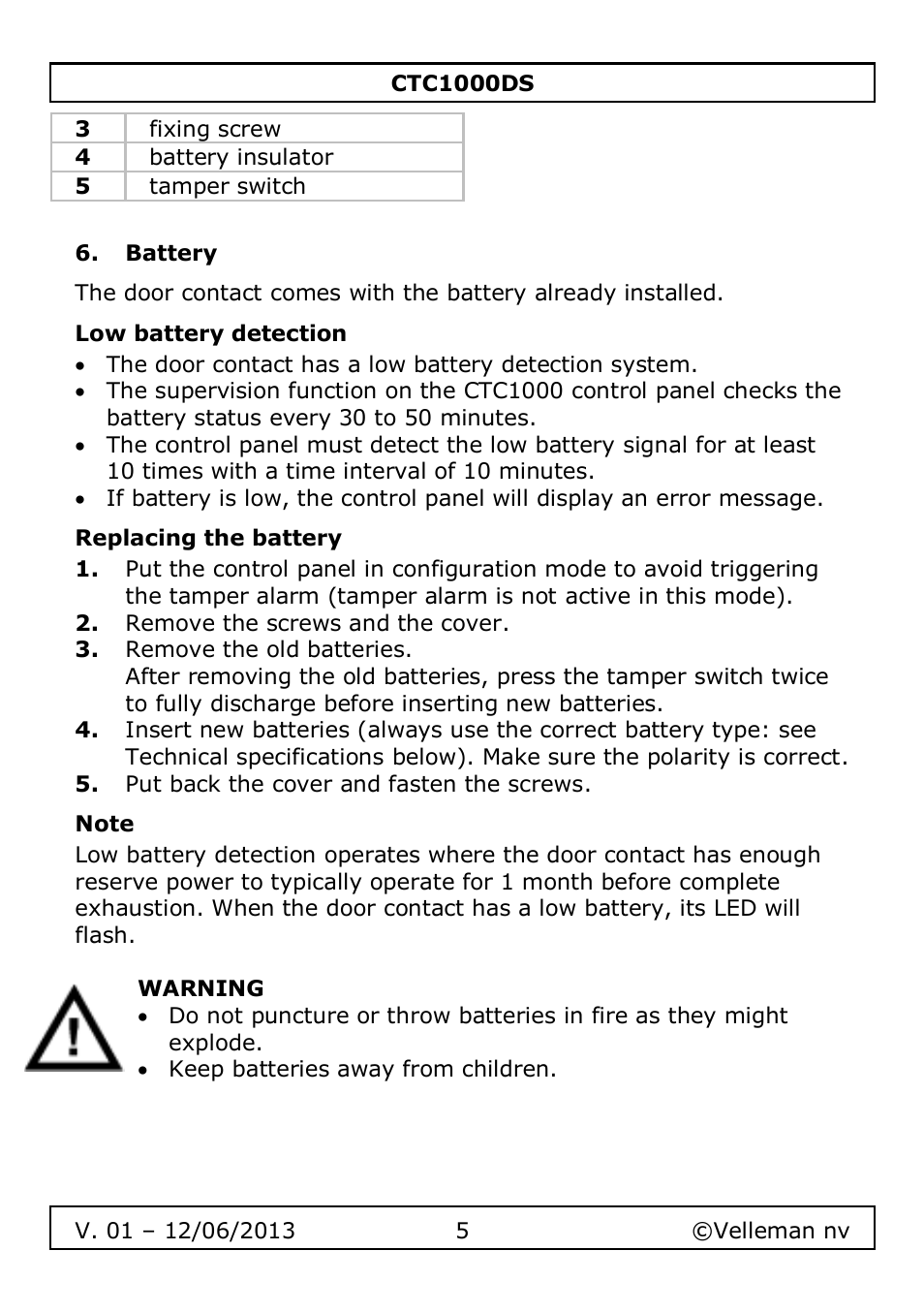 Battery, Low battery detection, Replacing the battery | Note | Velleman CTC1000DS User Manual | Page 5 / 61