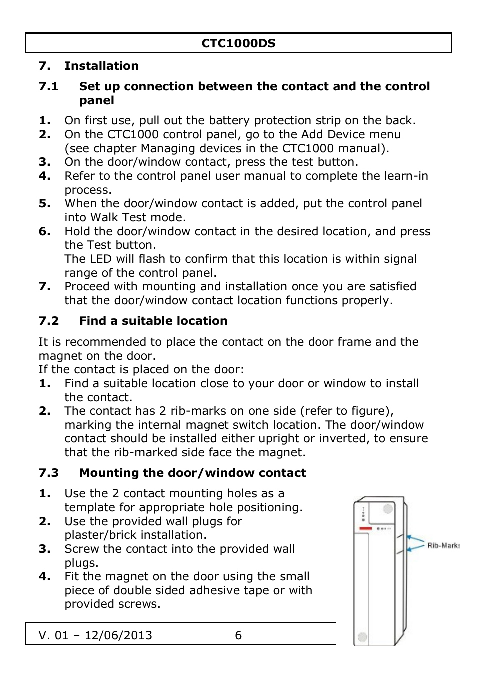 Installation, 2 find a suitable location, 3 mounting the door/window contact | Velleman CTC1000DS User Manual | Page 6 / 61