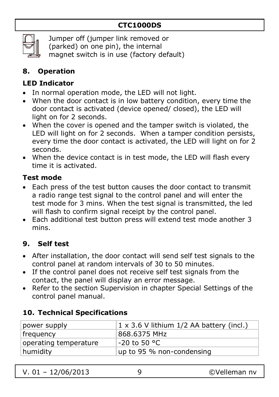 Operation, Led indicator, Test mode | Self test, Technical specifications | Velleman CTC1000DS User Manual | Page 9 / 61