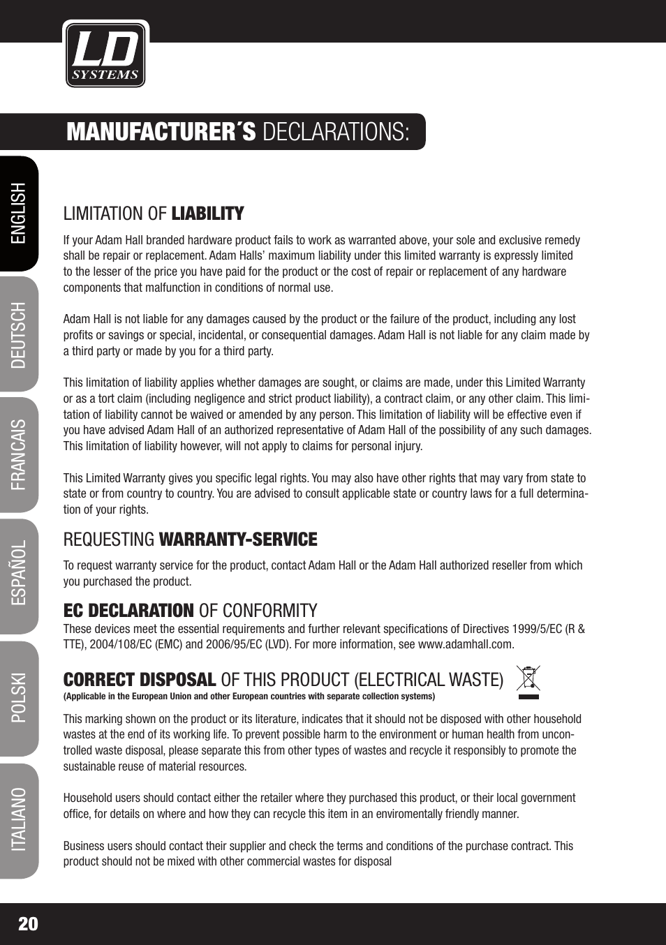 Manufacturer´s declarations | Velleman LDRB65HS User Manual | Page 20 / 122
