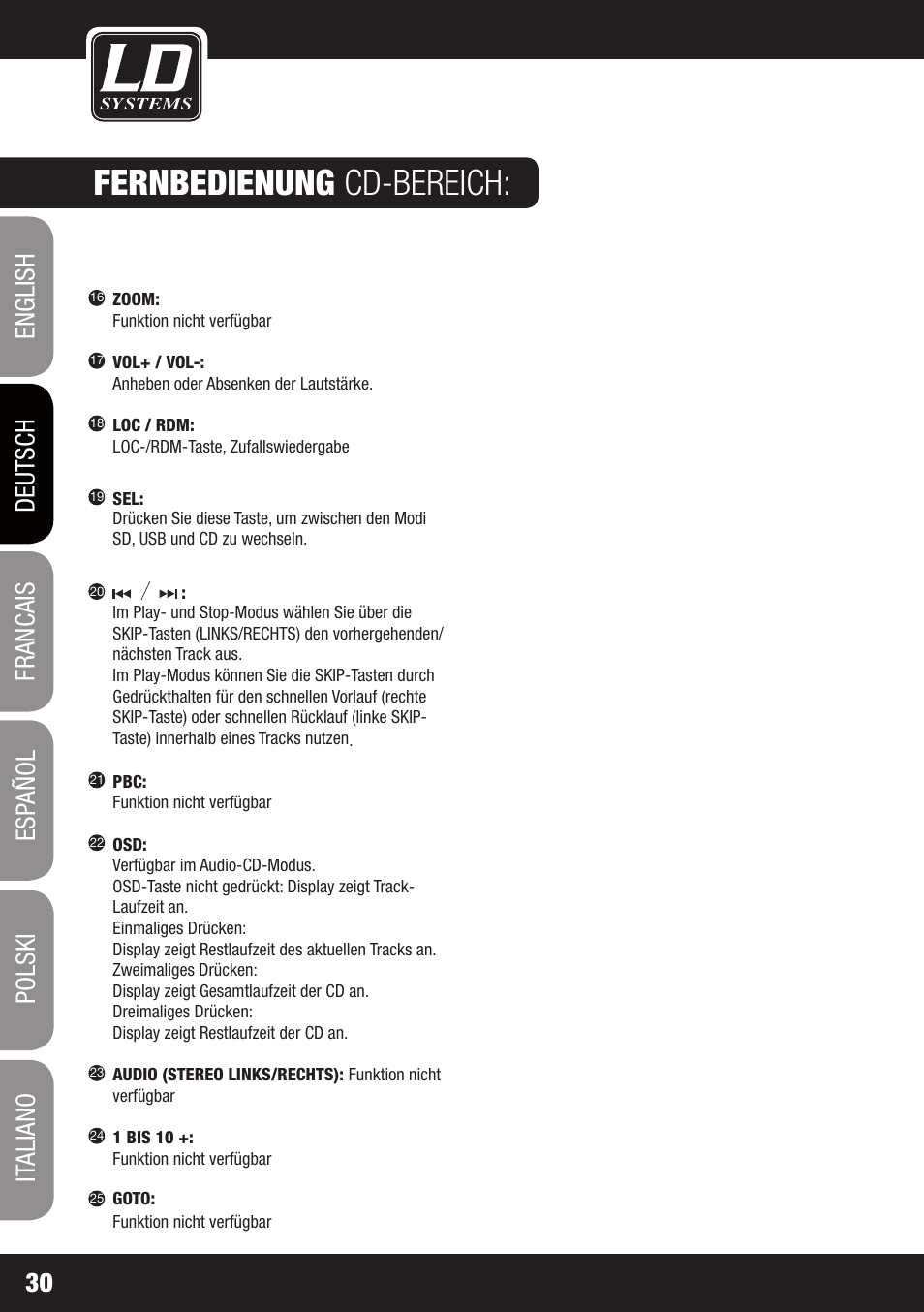 Fernbedienung cd-bereich | Velleman LDRB65HS User Manual | Page 30 / 122