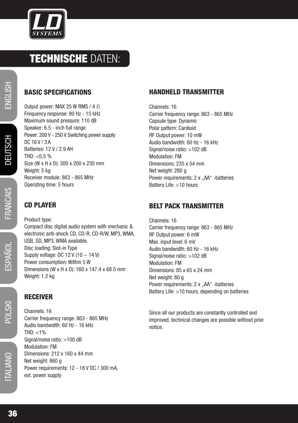 Technische daten | Velleman LDRB65HS User Manual | Page 36 / 122