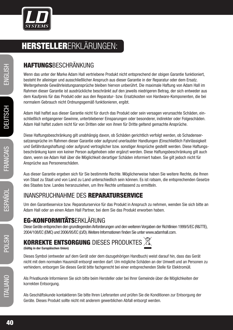 Hersteller erklärungen | Velleman LDRB65HS User Manual | Page 40 / 122