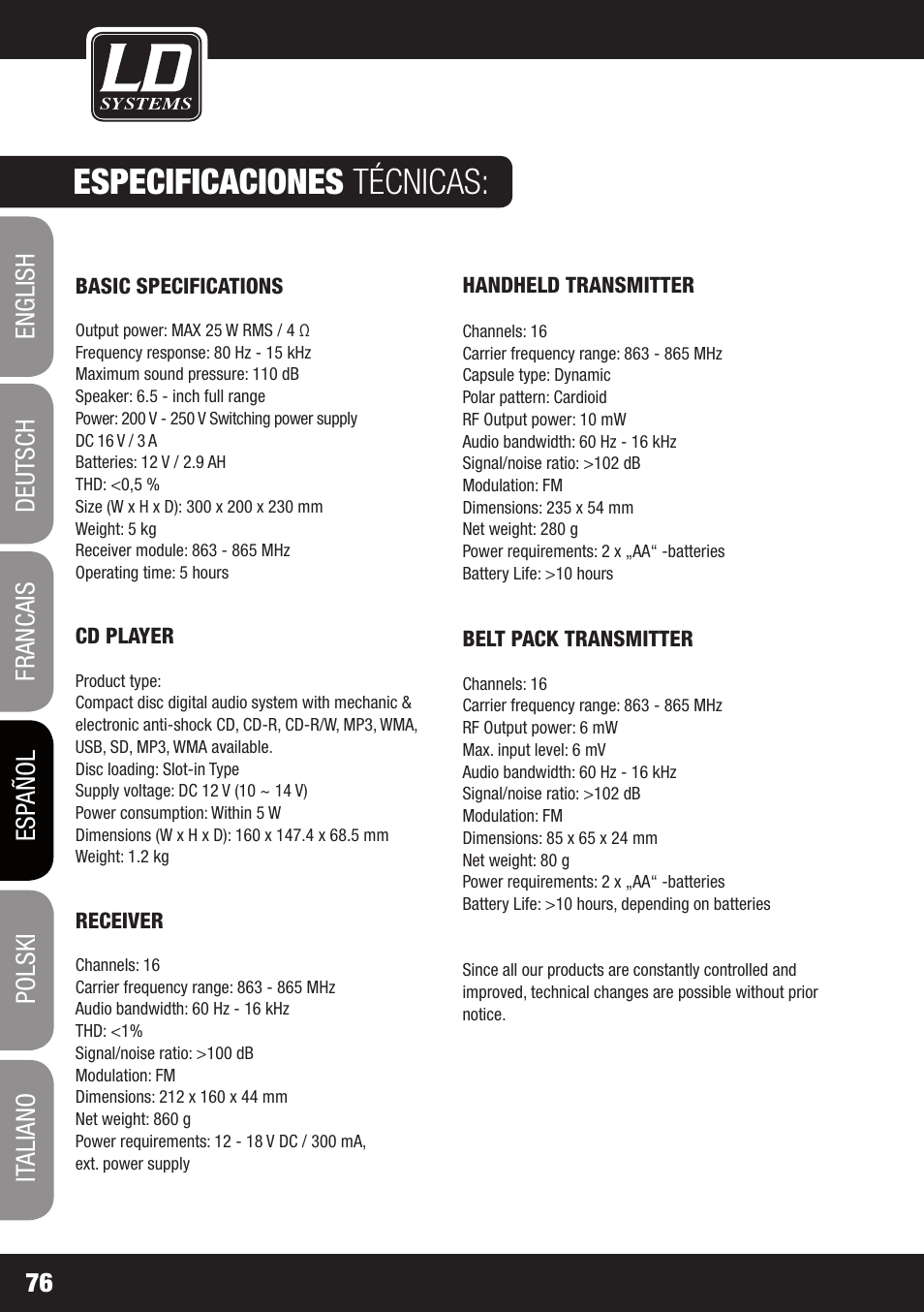 Especificaciones técnicas | Velleman LDRB65HS User Manual | Page 76 / 122