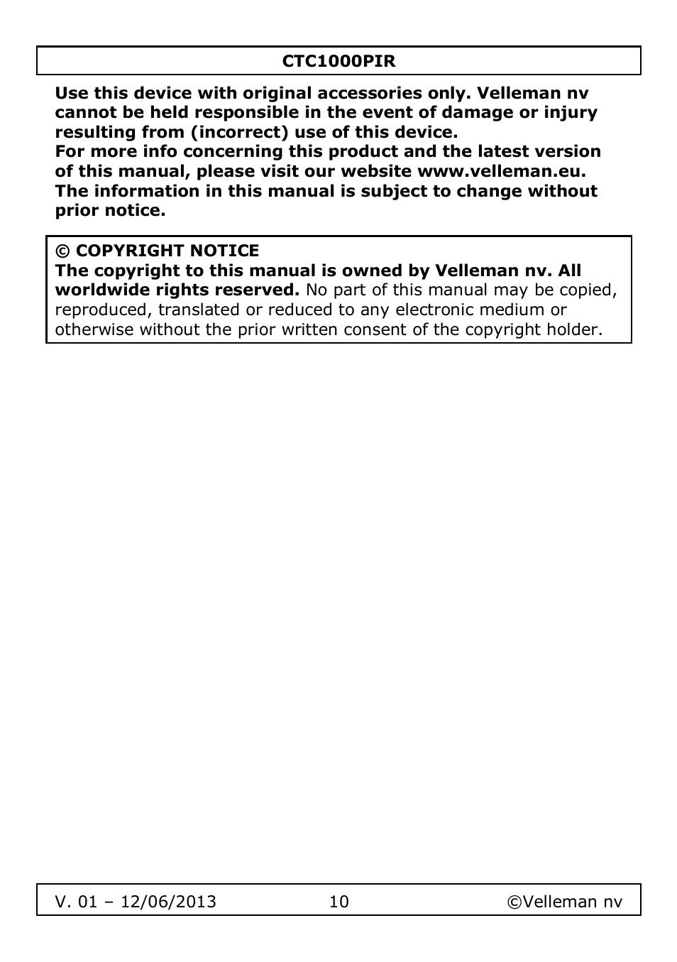 Velleman CTC1000PIR User Manual | Page 10 / 59