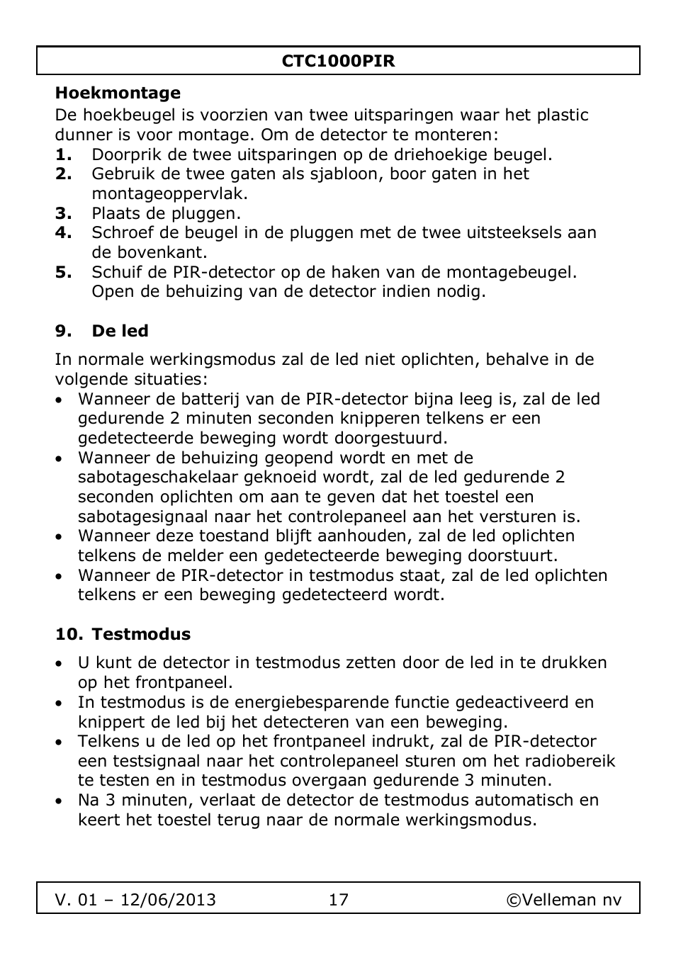 Hoekmontage, De led, Testmodus | Velleman CTC1000PIR User Manual | Page 17 / 59