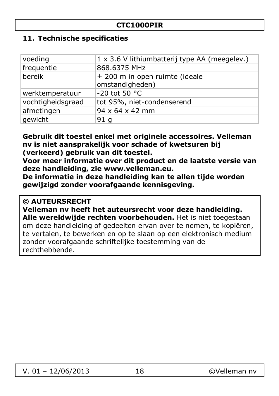 Technische specificaties | Velleman CTC1000PIR User Manual | Page 18 / 59
