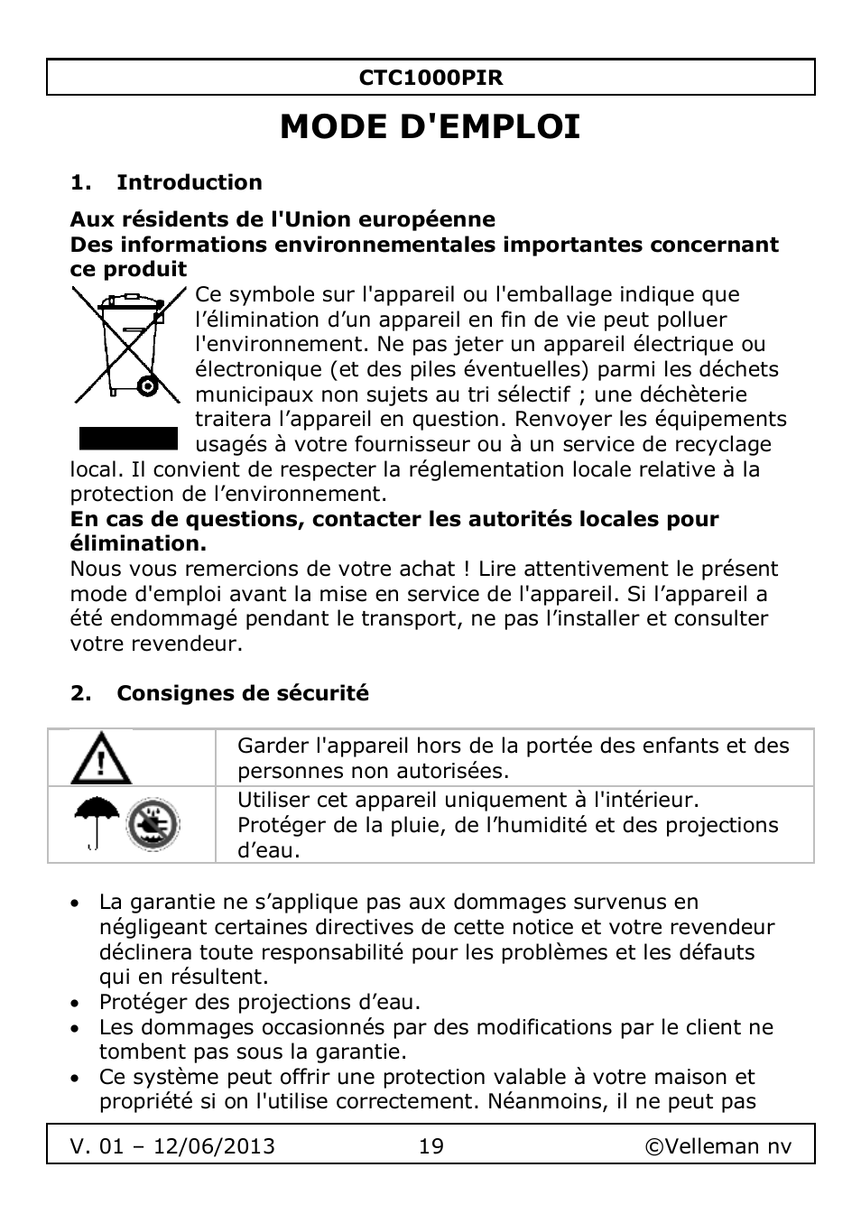 Mode d'emploi, Introduction, Consignes de sécurité | Velleman CTC1000PIR User Manual | Page 19 / 59