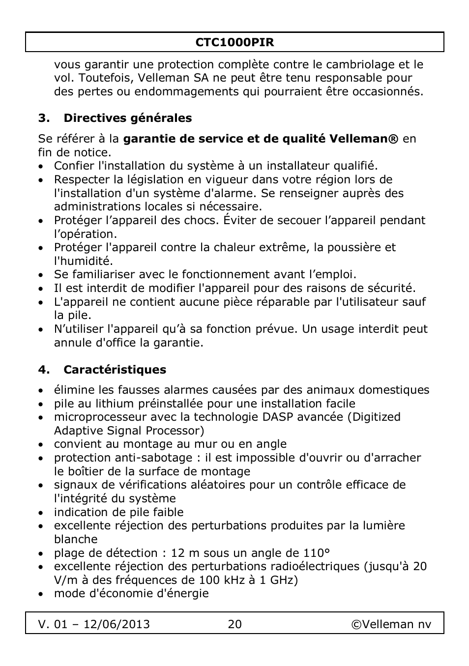 Directives générales, Caractéristiques | Velleman CTC1000PIR User Manual | Page 20 / 59