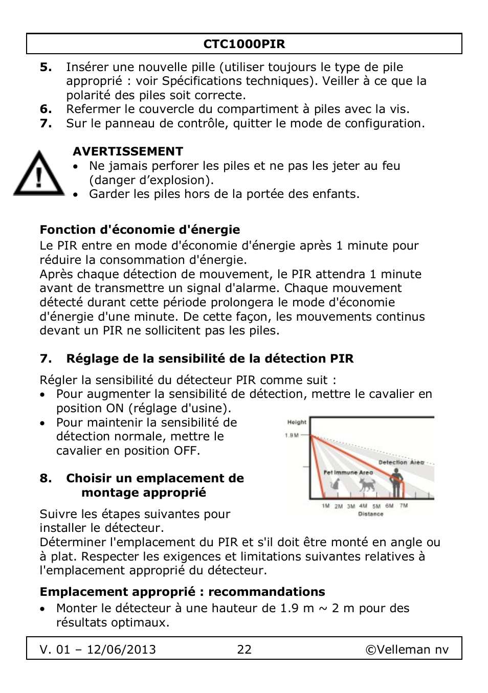 Fonction d'économie d'énergie, Réglage de la sensibilité de la détection pir, Choisir un emplacement de montage approprié | Emplacement approprié : recommandations | Velleman CTC1000PIR User Manual | Page 22 / 59