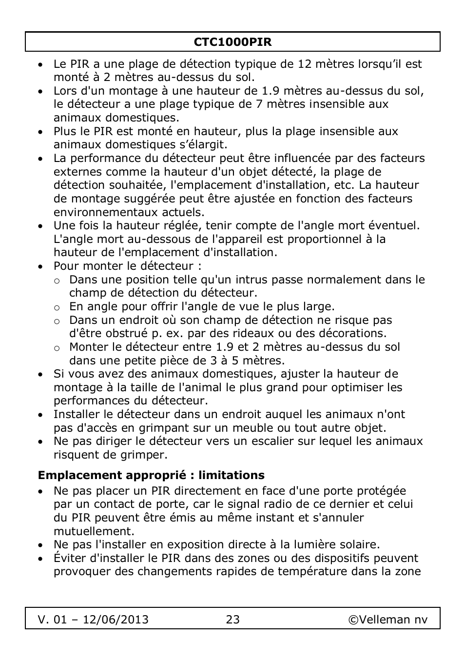 Emplacement approprié : limitations | Velleman CTC1000PIR User Manual | Page 23 / 59