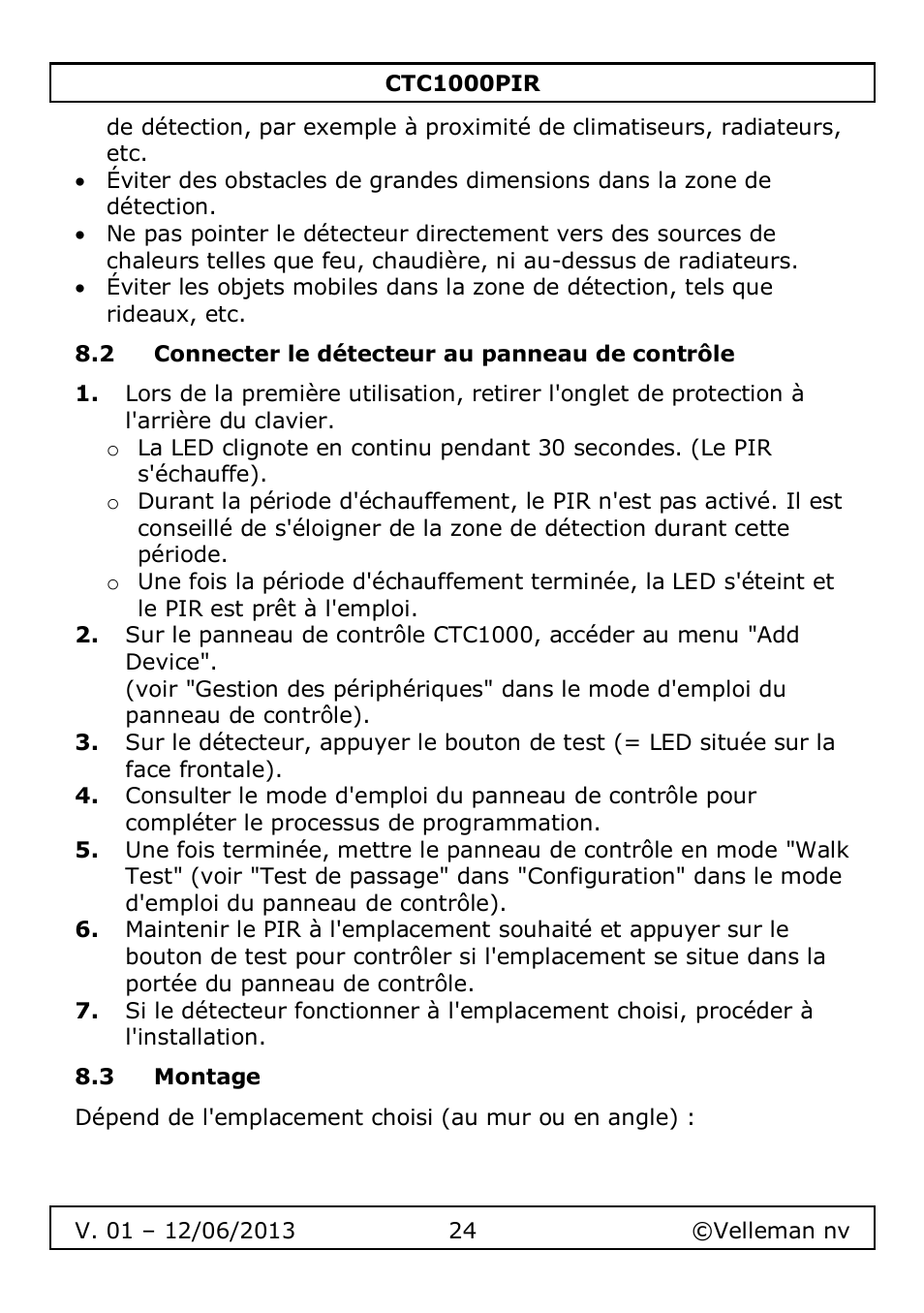 2 connecter le détecteur au panneau de contrôle, 3 montage | Velleman CTC1000PIR User Manual | Page 24 / 59