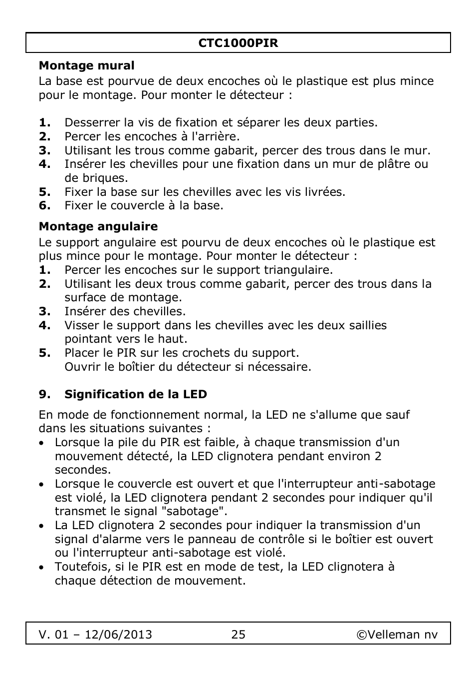 Montage mural, Montage angulaire, Signification de la led | Velleman CTC1000PIR User Manual | Page 25 / 59