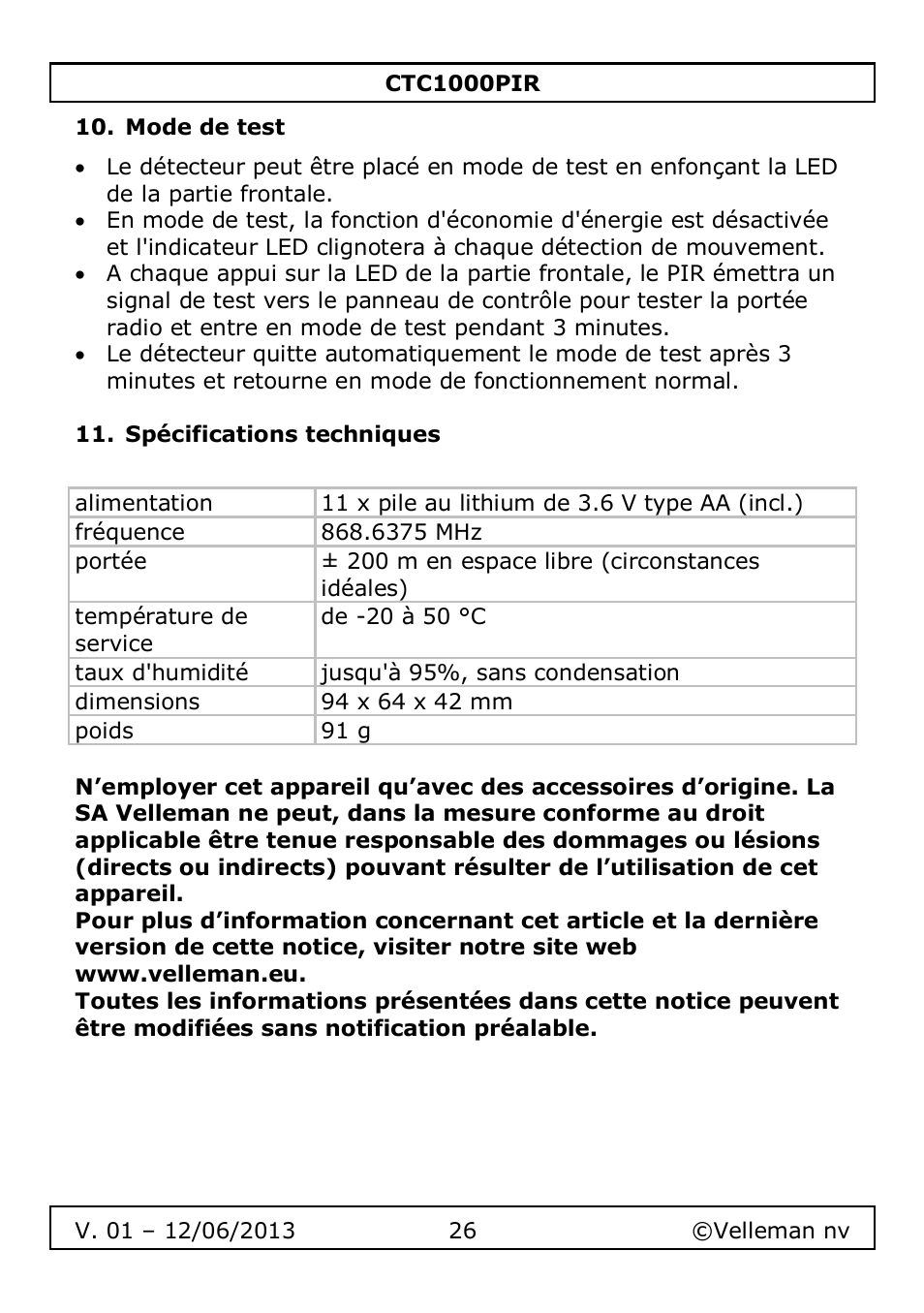 Mode de test, Spécifications techniques | Velleman CTC1000PIR User Manual | Page 26 / 59