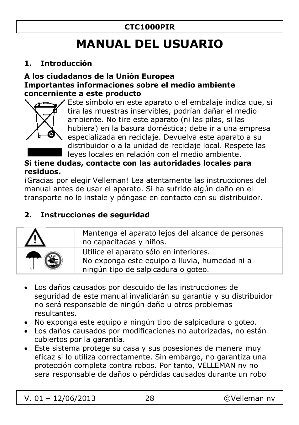 Manual del usuario, Introducción, Instrucciones de seguridad | Velleman CTC1000PIR User Manual | Page 28 / 59
