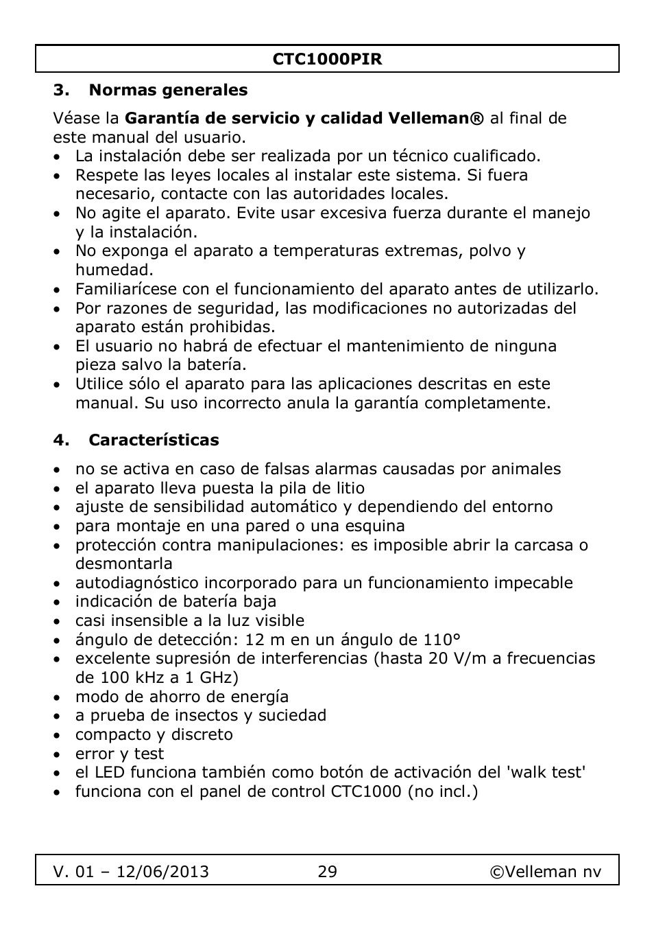 Normas generales, Características | Velleman CTC1000PIR User Manual | Page 29 / 59