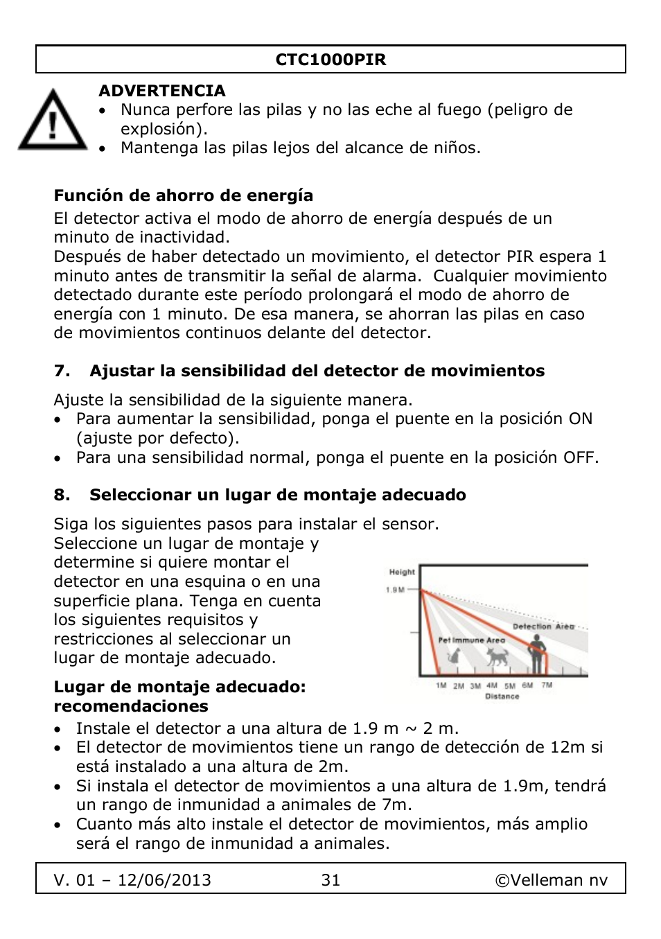 Función de ahorro de energía, Seleccionar un lugar de montaje adecuado, Lugar de montaje adecuado: recomendaciones | Velleman CTC1000PIR User Manual | Page 31 / 59